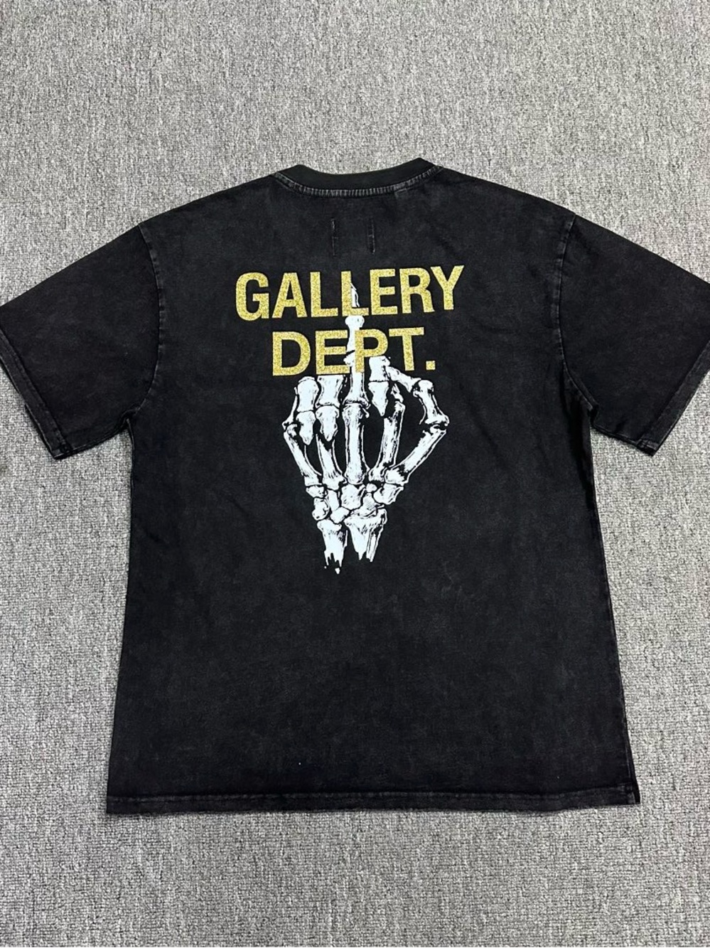 Gallery Dept Black Tee with Yellow Logo and White Skeleton Graphic